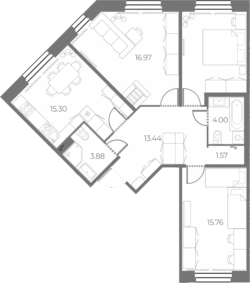 3-комнатная квартира 83.94 м², 2/20 эт., ЖК «Огни Залива»